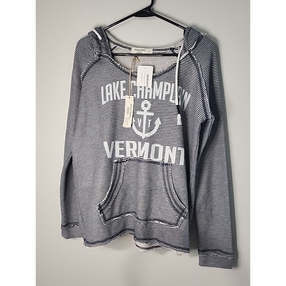 Ocean Drive Preppy Long Sleeve Pullover Sweatshirt Hoodie blue white NWT size S